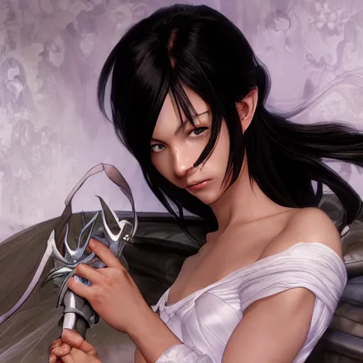 Prompt: cassandra cain in a wedding dress, laying on a bed, hair in a high ponytail, cg animation, riot entertainment, arcane, realistic, character select portrait, by artgerm, greg rutkowski, alphonse mucha, 3 d