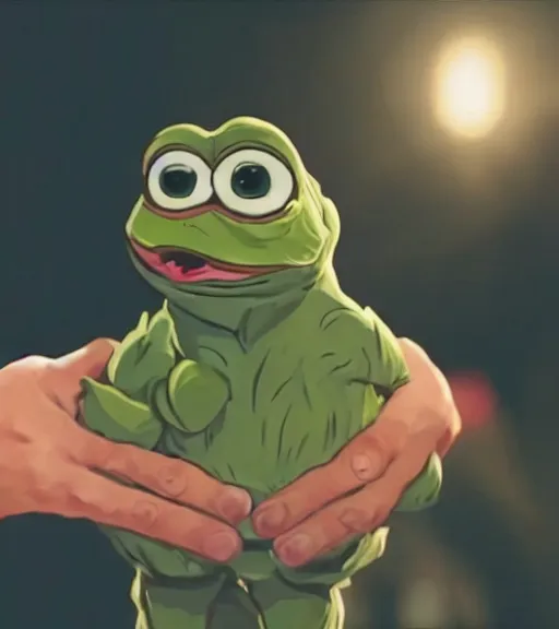 Image similar to pepe holding money, realistic, frame from the movie, hyper detailed, dramatic light