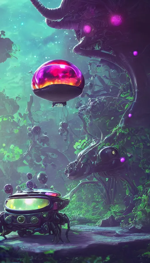 Image similar to A fancy alien car on a magical biome of full of oddities, fireflies, slimes, slimy, goofy, sparkles, fantasy, fantastic, positive vibes, behance, artstation, unreal render, unreal engine 5, realistic, octane, smooth, 8k