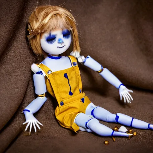 Image similar to lovely realistic ball jointed high end lapis lazuli porcelain with gold inclusions skeleton doll with cute white yellow overalls and cute nature themed accessories, inside gothic doll manor bedroom, god rays, dust particles, photorealistic, aesthetic shot, worms eye view, macro camera lens, high definition, cartoon proportions, cinematic, lens flare