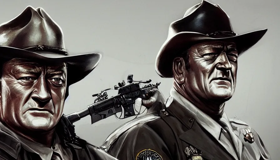 Image similar to John Wayne as a cop, hyperdetailed, artstation, cgsociety, 8k
