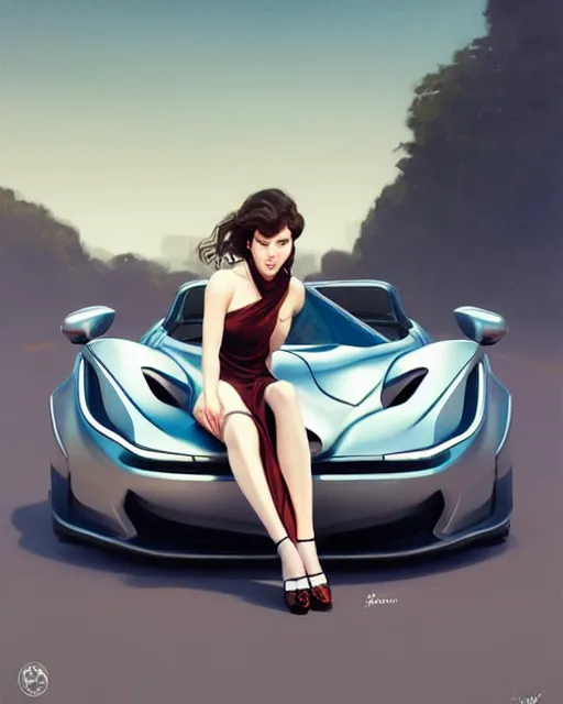 Image similar to car show girl with low cut shiny dress sit on sports car. symmetry face, fine details, intricate, elegant, sharp focus, illustration, matte, art by wlop and artgerm and greg rutkowski and alphonse mucha, raytracing, octane, trending on artstation