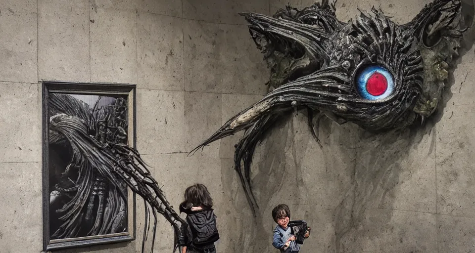 Prompt: a small guardian in front of a red - eyed beast exhibit by h. r. giger and greg rutkowski, the last guardian by fumito ueda - elden ring