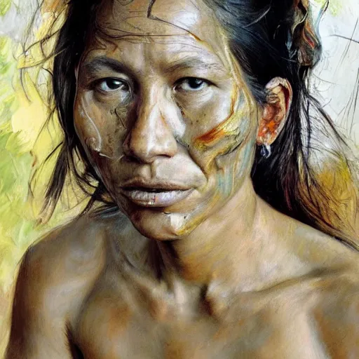 Prompt: high quality high detail painting by jenny saville, hd, a skinny beautiful indigenous woman tribe leader, hair in wind, photorealistic lighting