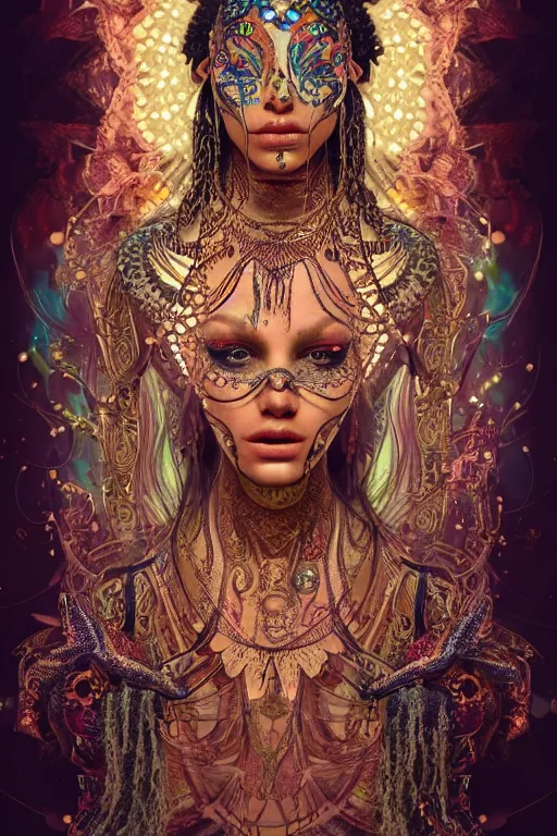 Prompt: a centered render of an mytical festival hippy with tribal tattoos wearing intricate metallic clothing surrounded by a underwater ink pour and flowing liquid gallium and sacred geometry, perfect body and face, gorgeous, cinematic, beautifully lit, by alberto seveso, by karol bak, by donato giancola, 3 d, trending on artstation, octane render, 8 k