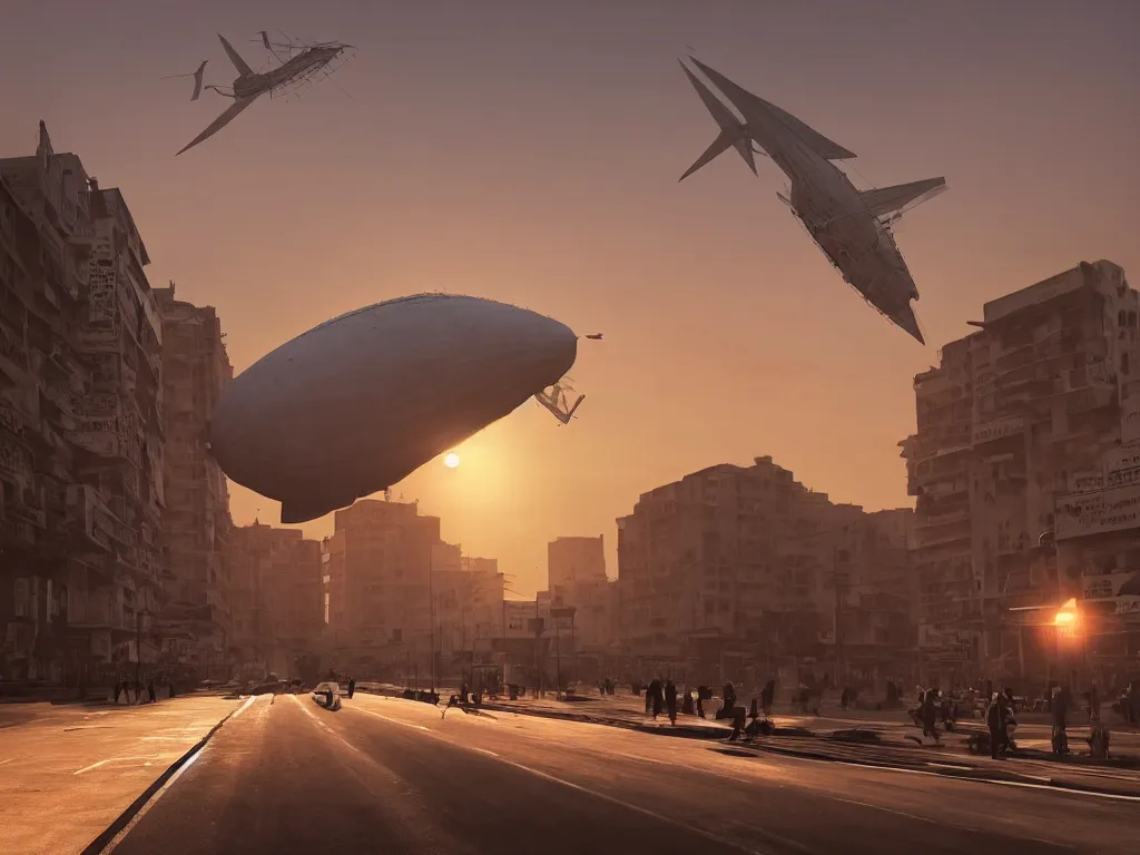 Image similar to streets of delhi, sunset, airship in the sky, clear skies in the distance, hyperreal, artstation