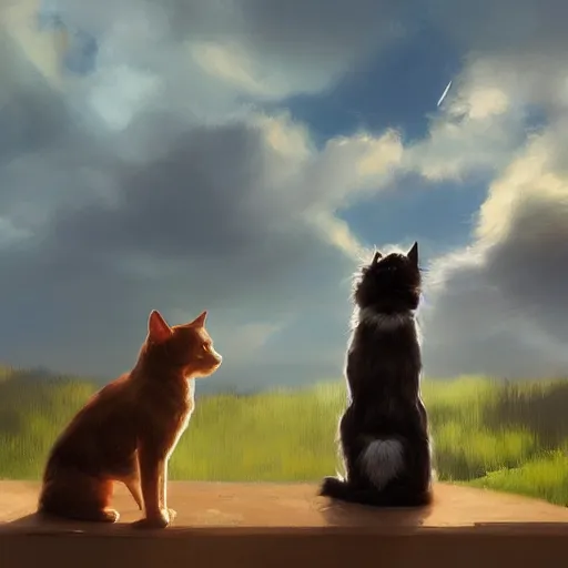 Prompt: A dog and cat stare intently towards the sky, digital art, artstation, Mandy Jurgens, CGSociety, WLOP