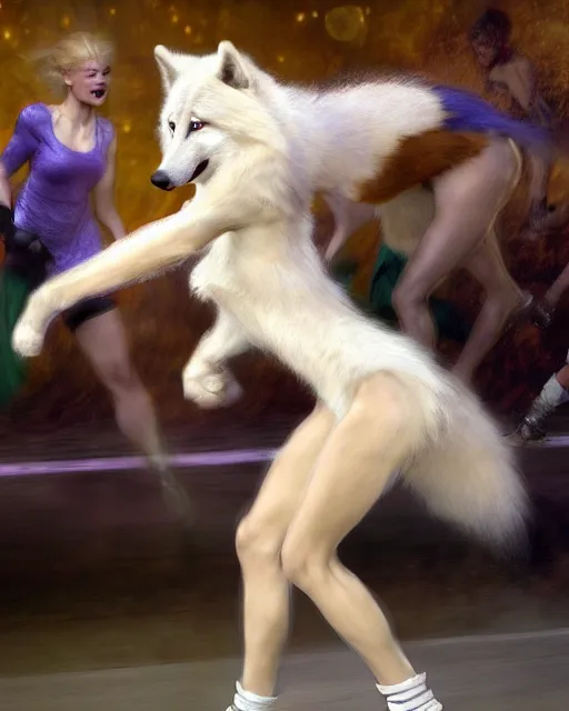 Image similar to a buff white female anthro wolf skating at a roller derby, 4 k, furaffinity, fursona, trending on artstation, energetic, speed, motion blur, by gaston bussiere, craig mullins, j. c. leyendecker, gustav klimt, artgerm, greg rutkowski, alphonse mucha