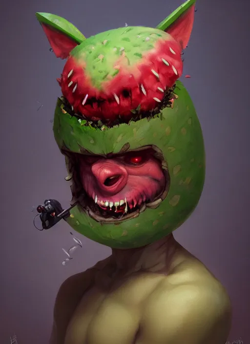 Image similar to hyper realistic photography portrait of smiling gremlin with a watermelon helmet cinematic, greg rutkowski, brom, james gurney, mignola, craig mullins, artstation, cgsociety