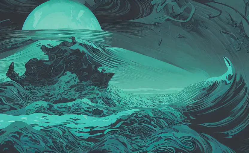 Prompt: dark ocean, complex patterns, artstation, intricate, realistic, highly detailed, digital painting, concept art, sharp focus, illustration by tom whalen and charles williams and kilian eng and james jean