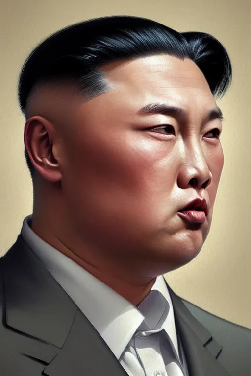 Prompt: vladimir putin with kim jong un hairstyle, realistic portrait, symmetrical, highly detailed, digital painting, artstation, concept art, smooth, sharp focus, illustration, cinematic lighting, art by artgerm and greg rutkowski and alphonse mucha