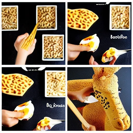 Image similar to making of an edible giraffe from noodles and soy sauce in 4 steps, each step is a progression from the last, from the beautiful'how to make food art step by step collection ', dslr