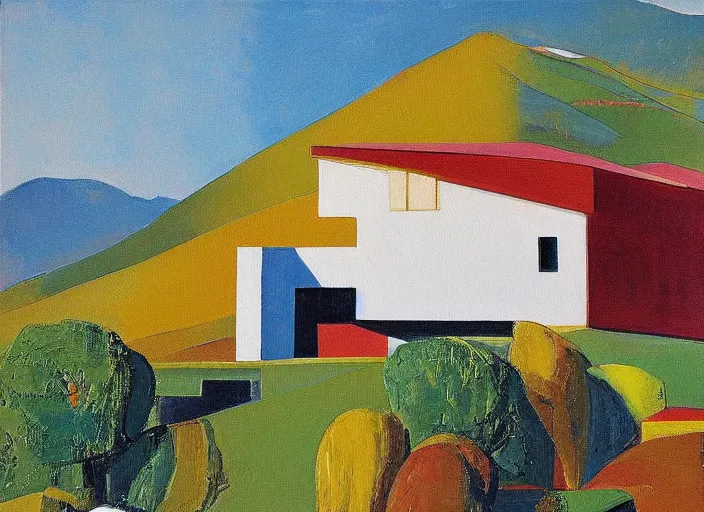 Prompt: painting of a corbusier house in in front of beautiful mountains by wayne thiebaud