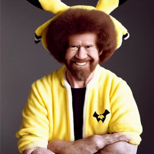 Prompt: a portrait photograph of Bob Ross Wearing a Pikachu suit onesie