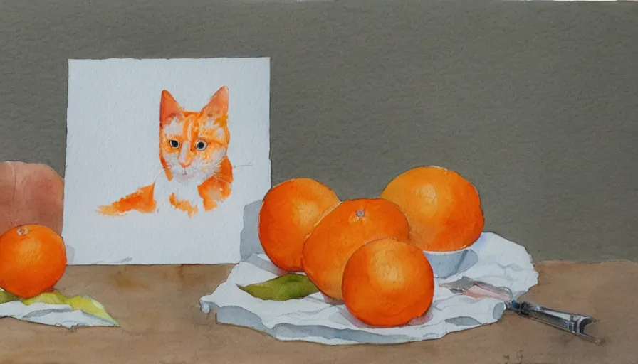 Prompt: watercolor painting of oranges and orange blossoms and an orange and white cat on white paper, bright, white table, white walls