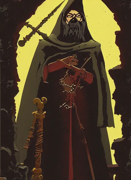 Image similar to highly detailed, hyper realistic wizard with a dungeon background by mike mignola