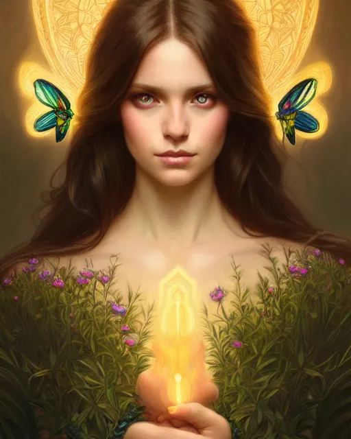 Image similar to symmetry portrait of brunette princess, glam, fae, fireflies, forest background, intricate, elegant, highly detailed, digital painting, artstation, concept art, smooth, sharp focus, illustration, art by artgerm and greg rutkowski and fra angelico and alphons mucha