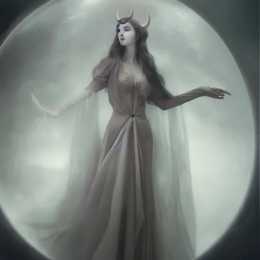 Prompt: By Tom Bagshaw, ultra realist soft painting render of a beautiful face horned single porcelain female in long curvy gothic dress holding with her hands a floating transparent glass sphere, reflection and refraction, symmetry accurate features, very intricate details, deep fog, dark fantasy background, artstation