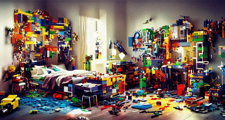Image similar to IKEA catalogue photo, cyberpunk childrens bedroom, lego, mess by Beksiński