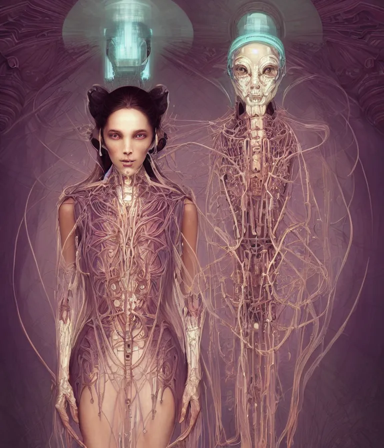 Image similar to fully symmetrical centered portrait of a beautiful princess in robe. artificial muscles, ribcage, bones, hard surface modelling. cyberpunk look. biomechanical mask. bio luminescent biomechanical halo around head. jellyfish. artwork by jarold Sng by artgerm, by Eddie Mendoza, by Peter mohrbacher by tooth wu by alfons mucha, unreal engine, octane render, cinematic light, iridescent details, iridescent colors, dichroic, macro, depth of field, blur