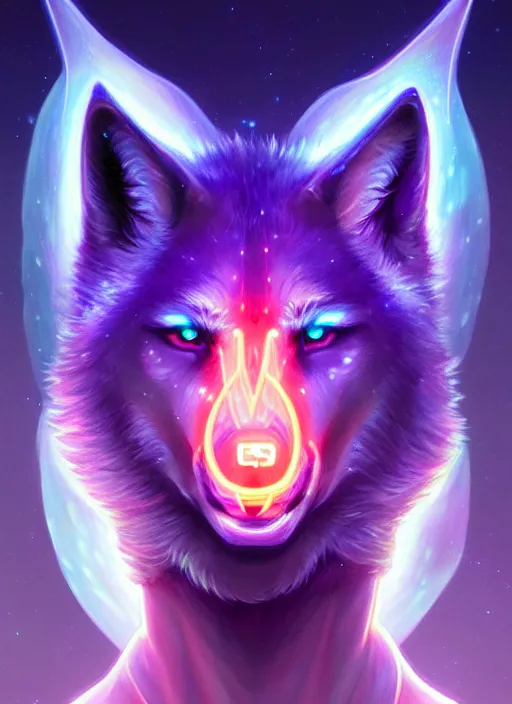 Prompt: a wolf faceless glowing liquefied stardust adventurer, dnd fantasy character, full body portrait, glowing neon skin, magical aura, ultra realistic, intricate, elegant, highly detailed, digital painting, artstation, smooth, sharp, focus, illustration, art by artgerm and greg rutkowski and alphonse mucha and dan mumford, sacred geometry