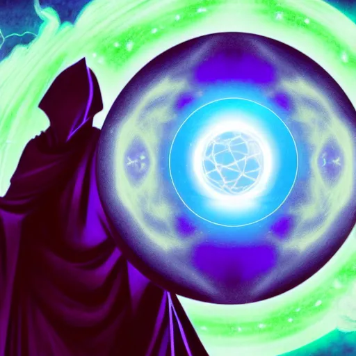 Image similar to a warlock is casting a magic spell, while magic orb is floating in his hand, the magic orb emit a blueish vapour, dynamic pose, chromatic aberration , medium level shot, Mucha style , Grim fantasy, illustration ,concept art,