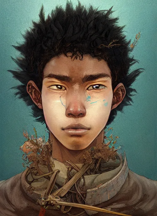 Prompt: prompt : portrait soft light painted by james jean and katsuhiro otomo and erik jones, inspired by akira anime, epic fantasy, a young long haired peasant boy with dark skin, brown skin, a dark complexation in plain fantasy clothing with intelligent eyes, intricate oil painting, high detail illustration, sharp high detail