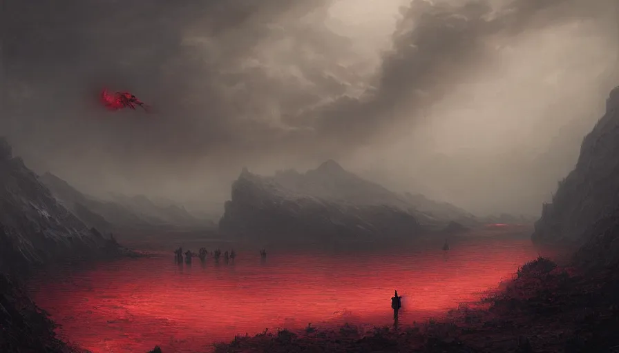 Image similar to bloody river in hell, by greg rutkowski, by Gustave Dore, people walking into the horizon, red river, dragon flying in sky, trending on artstation