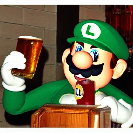 Prompt: luigi from super mario chugging a beer with the boys at the bar