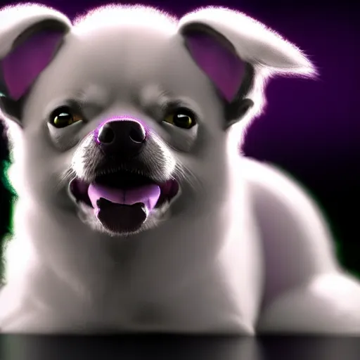 Prompt: a photorealistic render of a purple and green fluffy cloud shaped like an chihuahua, 3D octane render, unreal engine, hyperrealistic, 8k, volumetric lighting