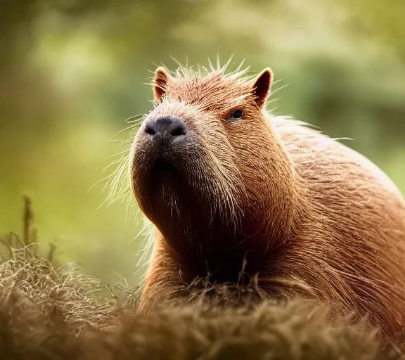 Image similar to a portrait of capybara with a mushroom cap growing on its head by luis royo. intricate. lifelike. soft light. sony a 7 r iv 5 5 mm. cinematic post - processing