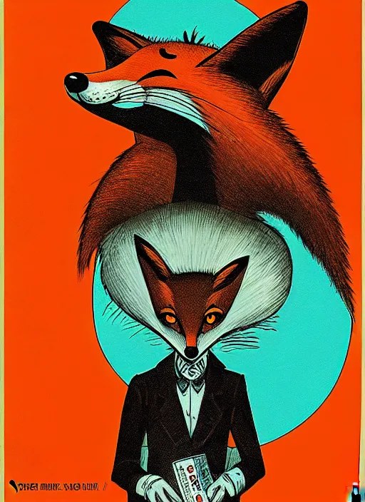 Prompt: glossy old advertising poster of vuk the fox with rabies, night, drawn comic by junji ito, pastels, gradient,