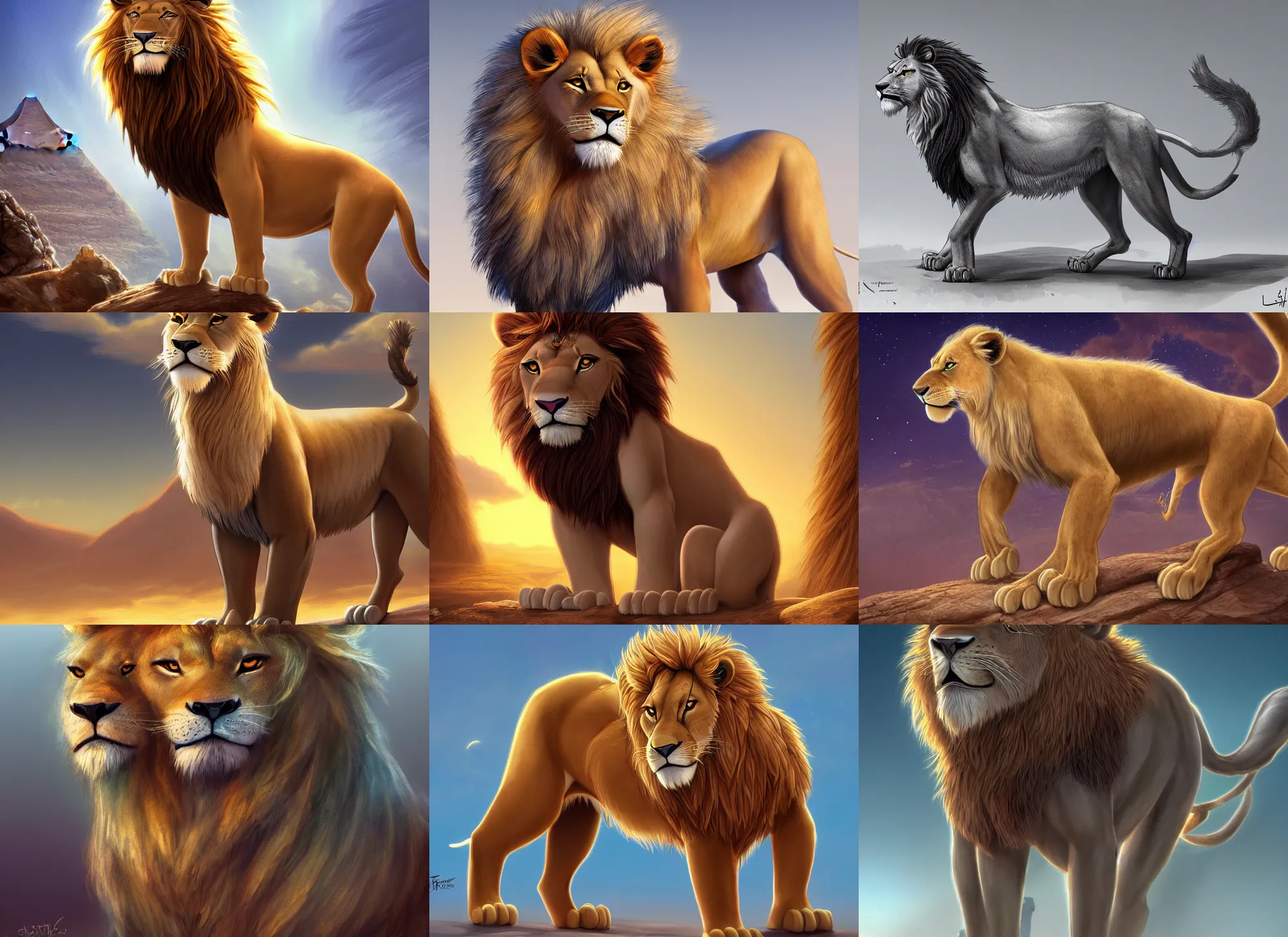 Prompt: fullbody extremely beautiful detailed character design of a feral lion in egypt. extremely detailed fur deviantart lion adoptable, character concept artwork professional in the style of'the lion king'by jessica rossier, artstation, deviantart, fanpop, clean linework, fully colored