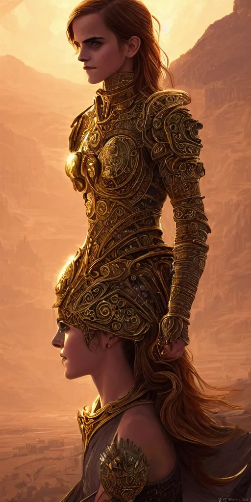 Image similar to portrait of emma watson as knights of zodiac girl, golden and copper shining armor, in ruined agora of athens sunrise, ssci - fi and fantasy, intricate and very very beautiful and elegant, highly detailed, digital painting, artstation, concept art, smooth and sharp focus, illustration, art by ilya kuvshinov and tian zi and wlop and z - - ed