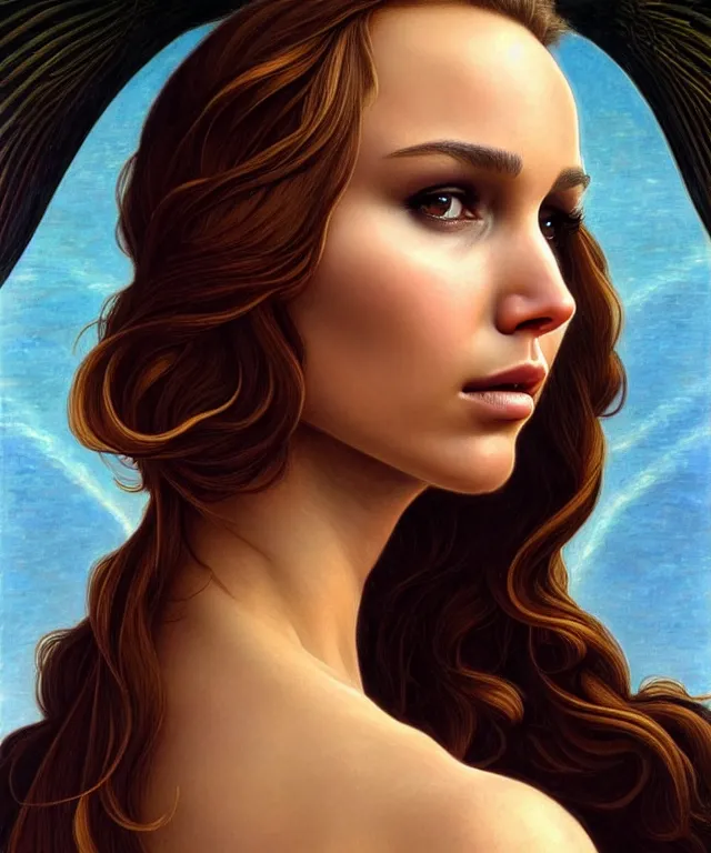 Image similar to half nathalie portman half Jennifer lawrence a fantasy magic woman portrait by Sandro Botticelli, oil painting masterpiece, sci-fi, amber eyes, face, long hair, fantasy, intricate, elegant, highly detailed, digital painting, artstation, concept art, smooth, sharp focus, illustration, art by artgerm and greg rutkowski and alphonse mucha