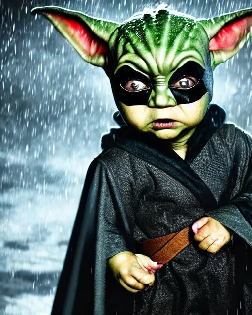 Image similar to epic closeup cinematic still of baby yoda as batman wearing batman costume with batcape as batman in atmospheric rainy alleyway in the style of batman the dark knight rises, 8 k backlit, rim lighting, dramatic moonlight lighting, beautiful composition