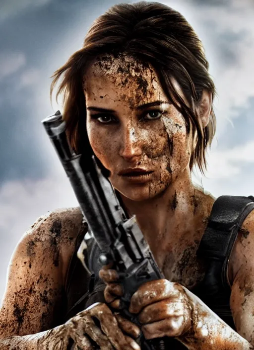 Image similar to a film still of lara croft as cop, her face muddy and sweat, direct sun light, close up potrait, cinematic,