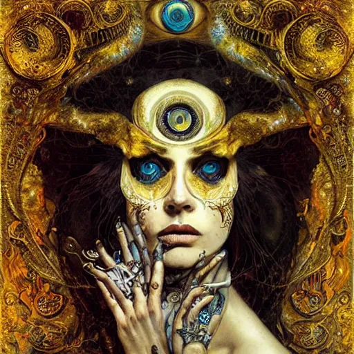 Image similar to Memento Mori by Karol Bak, Jean Deville, Gustav Klimt, and Vincent Van Gogh, beautiful visionary mystical portrait, calavera, otherworldly, fractal structures, ornate gilded medieval icon, third eye, spirals, calavera by Amano