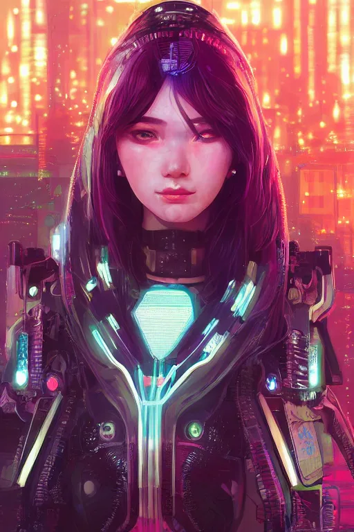 Image similar to portrait futuristic Cyber warrior Girl, in future cyberpunk tokyo rooftop , ssci-fi, fantasy, intricate, very very beautiful, elegant, neon light, highly detailed, digital painting, artstation, concept art, smooth, sharp focus, illustration, art by WLOP and tian zi and alphonse mucha