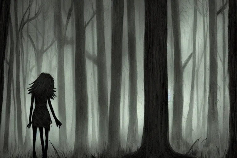 Image similar to mad girl wandering the woods hand in hand with shadow figure artwork by ben templesmith