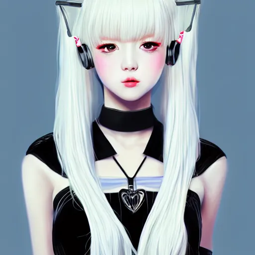 Image similar to realistic detailed semirealism beautiful gorgeous cute Blackpink Lalisa Manoban white hair white cat ears blue eyes, wearing black camisole maid outfit, headphones, black leather choker full HD 4K high resolution quality WLOP, Aztodio, Taejune Kim, Guweiz, Pixiv, Instagram, Artstation