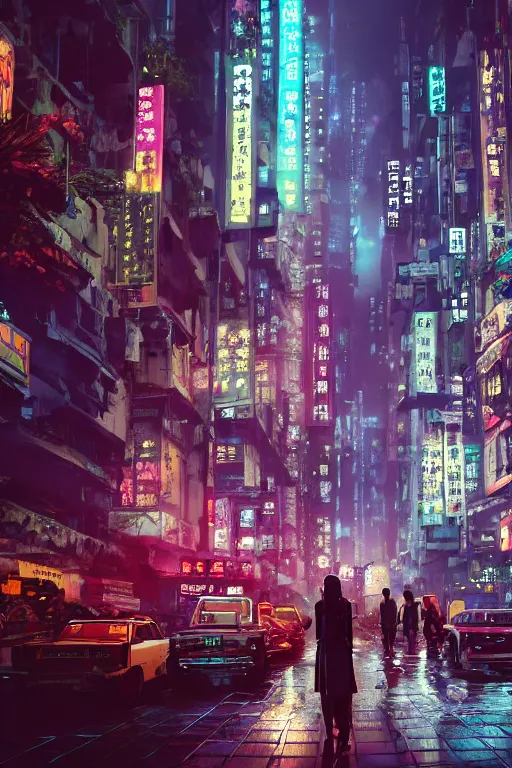 Prompt: cinematic photo of ancient overgrown cyberpunk hong kong with cars and people, flying cars in the sky, holograms, night, rain, flowers, beautifully lit, hyperdetailed, unreal engine, photorealistic, denis villeneuve film look, blade runner set