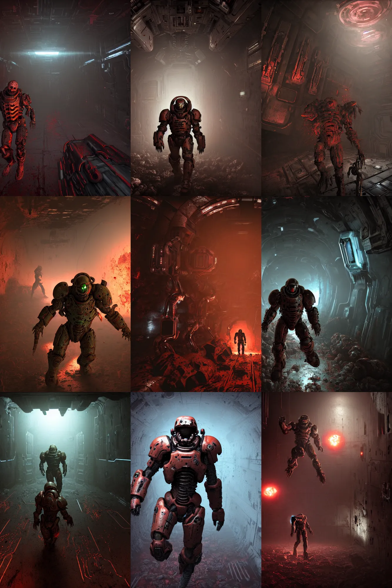 Prompt: horror movie scene of an individual in doom slayer armor running in a desolate deep space mining station, rusty metal walls, broken pipes, full body character portrait, dark colors, muted colors, tense atmosphere, mist floats in the air, amazing value control, dead space, moody colors, dramatic lighting, ussg ishimura, frank frazetta