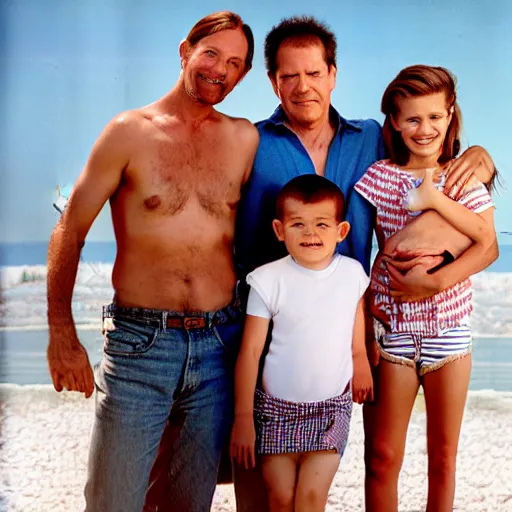 Prompt: portrait of a happy family at the beach fully - clothed, outdoor lighting, realistic, smooth face, perfect eyes, wide angle, sharp focus, high quality, professional photography, photo by annie leibovitz, mark mann, martin schoeller, mario testino, kenneth willardt, corbin gurkin