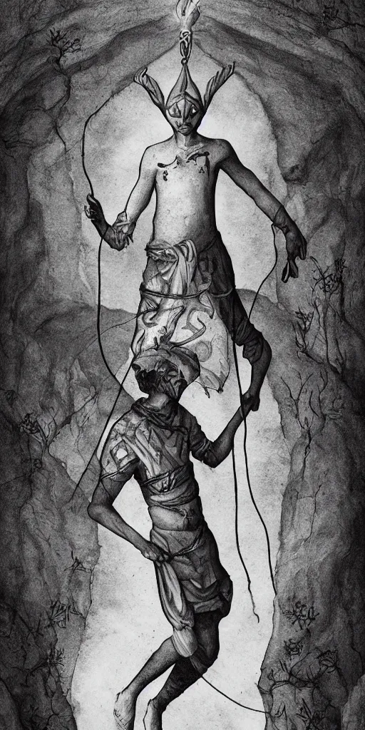 Image similar to The Fool Tarot illustration, matte painting, black and white