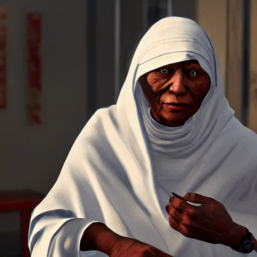 Image similar to Mother Theresa as a gangster in GTA5 8k hyperdetailed photorealism ultra high quality