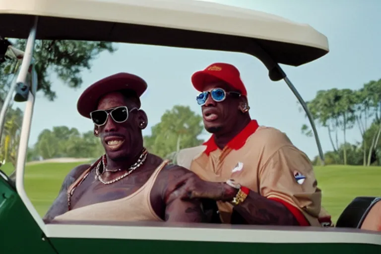 Image similar to dennis rodman in a dress driving a golf cart, movie still, from the new caddyshack movie, dancing gopher from caddyshack, 8 k, hd, cinematic lighting