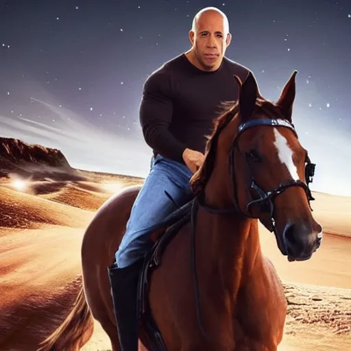 Image similar to Vin Diesel riding a horse in space