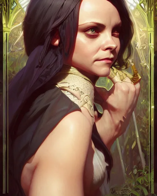 Image similar to Christina Ricci, D&D, fantasy, intricate, elegant, highly detailed, digital painting, artstation, concept art, matte, sharp focus, illustration, hearthstone, art by Artgerm and Greg Rutkowski and Alphonse Mucha