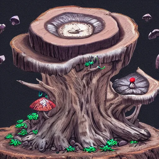 Prompt: a gnarled ancient wooden tree stump with mushrooms growing out of it, organic, highly detailed, concept art, sprite from a gorgeous indie platform game, on a black background